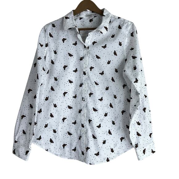 Coldwater Creek Button Down Shirt Womens 12 White Butterfly 100% Cotton Whimsy - Picture 1 of 5